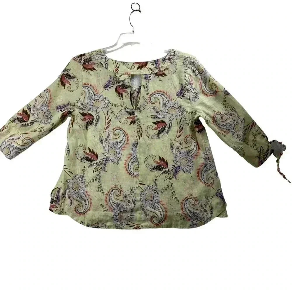 J Jill Love Linen Blouse Yellow Paisley Pattern Split Neck 3/4 Sleeve Size med